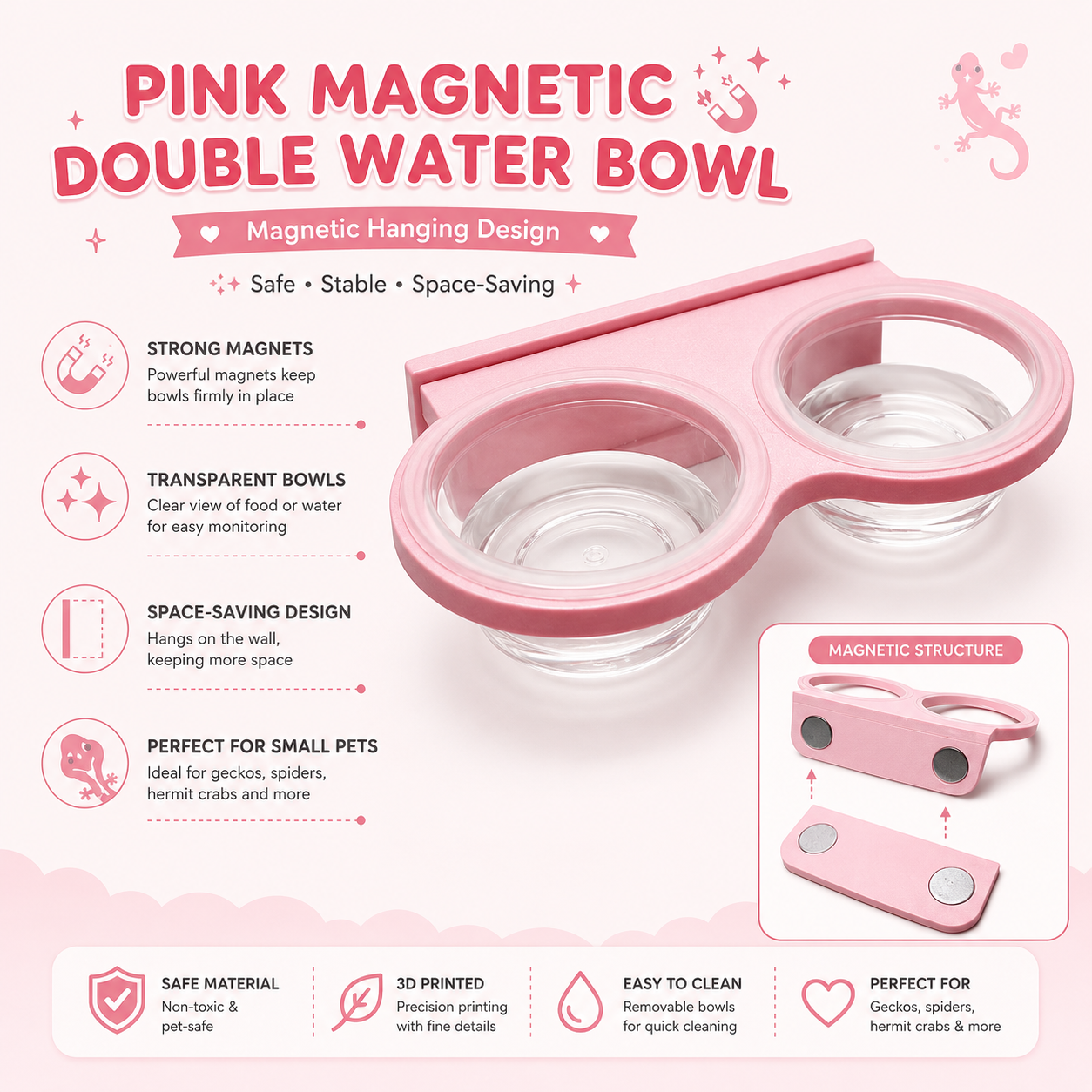 Pink Magnetic Double Water Bowl