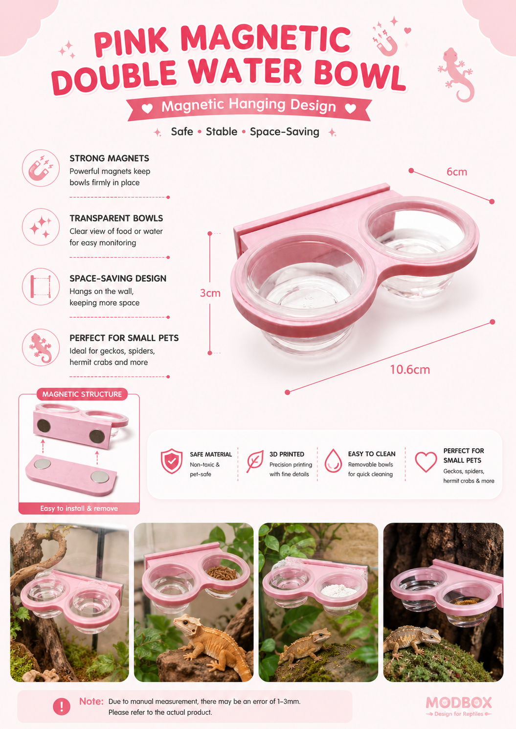 Pink Magnetic Double Water Bowl