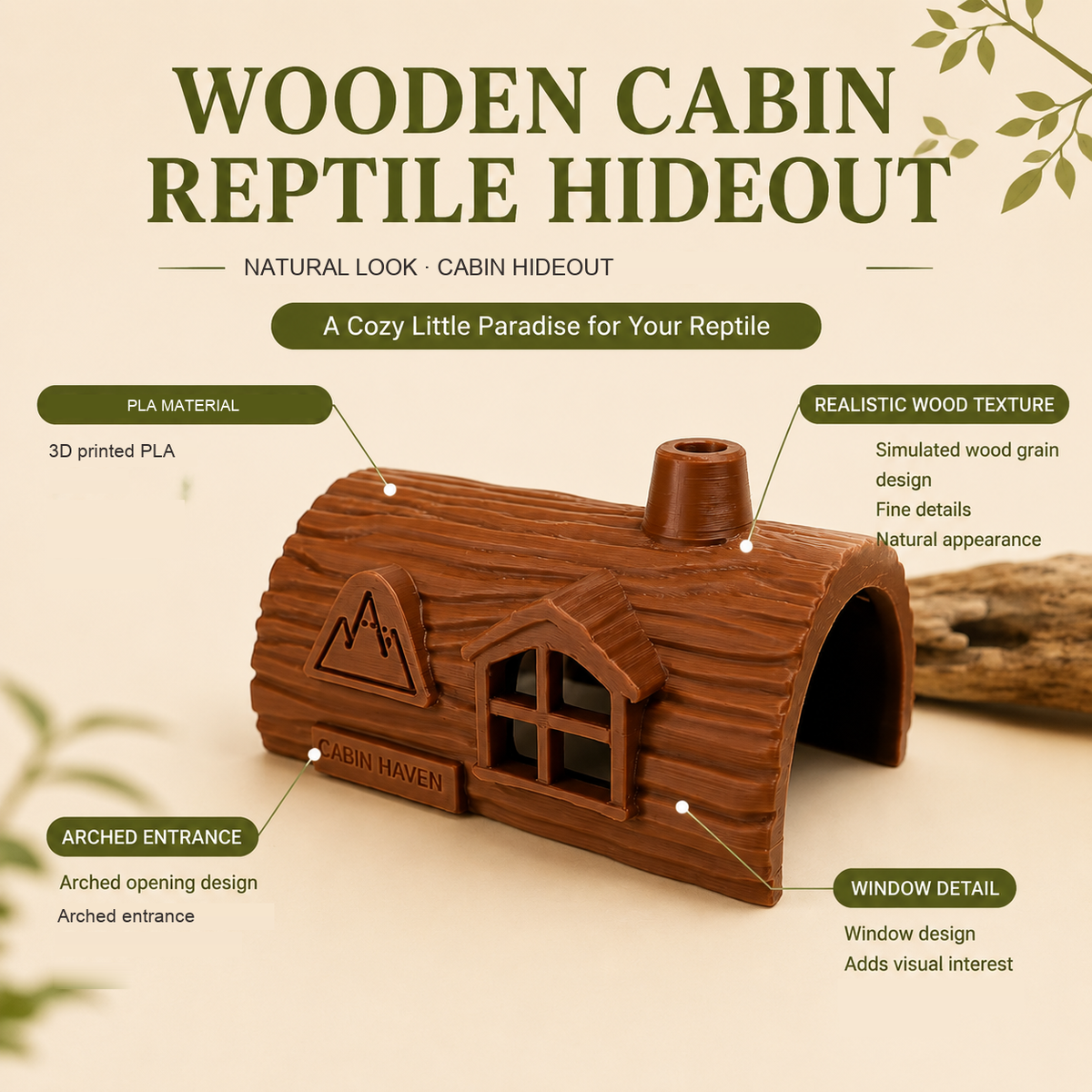 Wooden Cabin Hideout – Natural Reptile Shelter