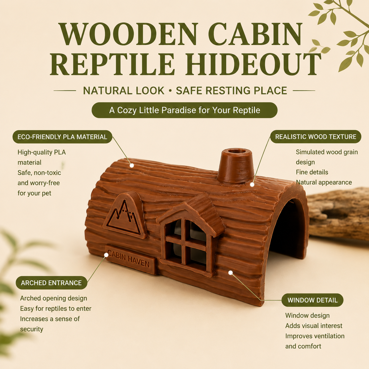 Wooden Cabin Hideout – Natural Reptile Shelter