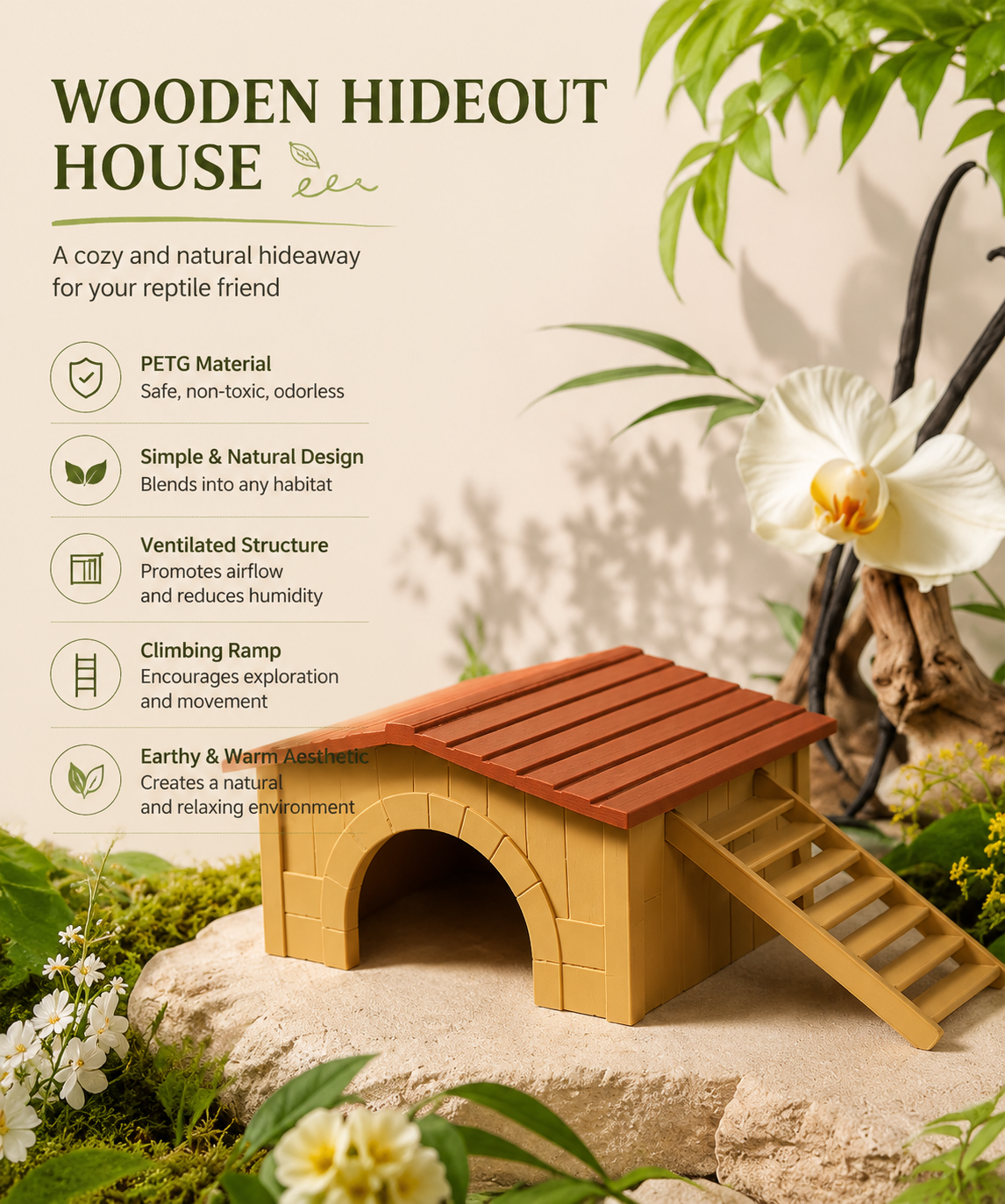 Woodland House Hideout – Reptile Shelter with Climbing Ramp