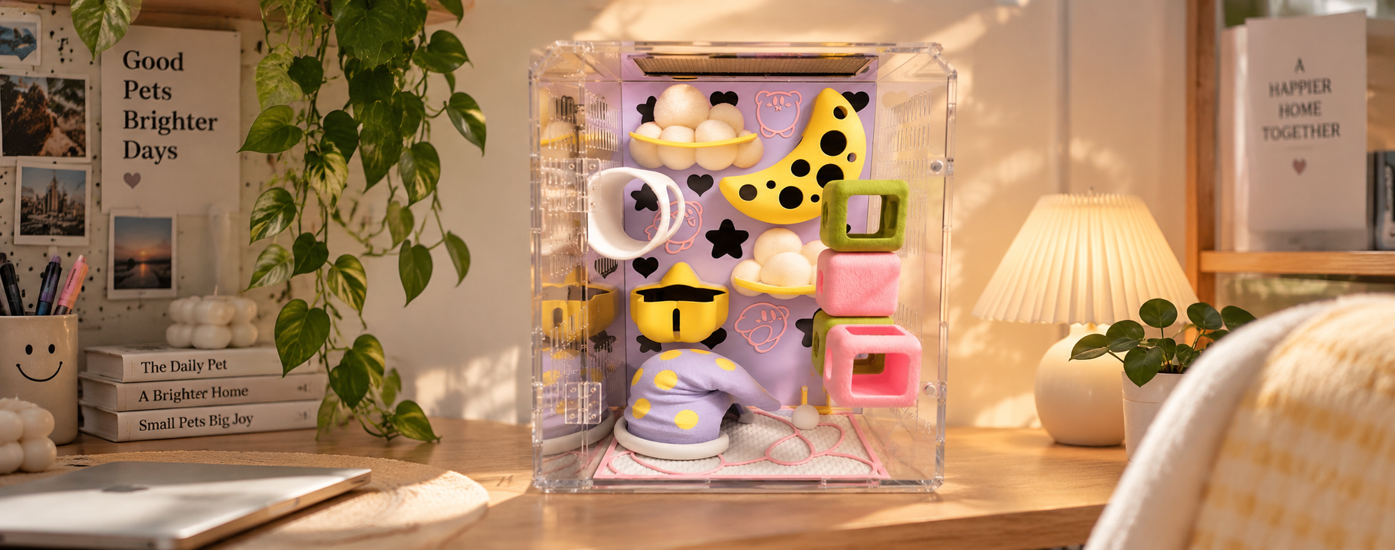 Pastel Moon habitat enclosure styled with colorful MODBOX décor in a warm home interior
